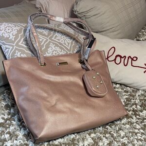 Tahari pearlescence pink bag with zippered pearled coin purse.